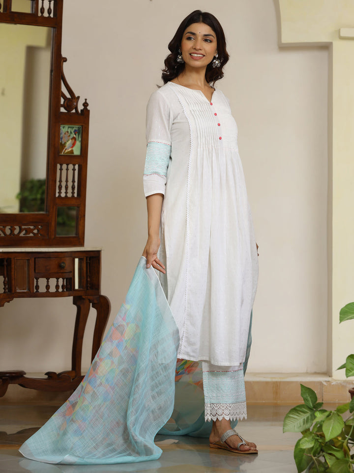 White Cotton Lurex Kurta Has A Round Neckline With Front Placket With Buttons And Both Side Pin Tucks Which Has Crochet Lace Inserted, Three Fourth Sleeves Has Thread Work Embroidery, A-Line With Flared Hemline, Cotton Blend White Palazzo Has Embroidery At Hemline With Both Side Pocket And Partially Elastic At Waist, Linen Digital Printed Dupatta.