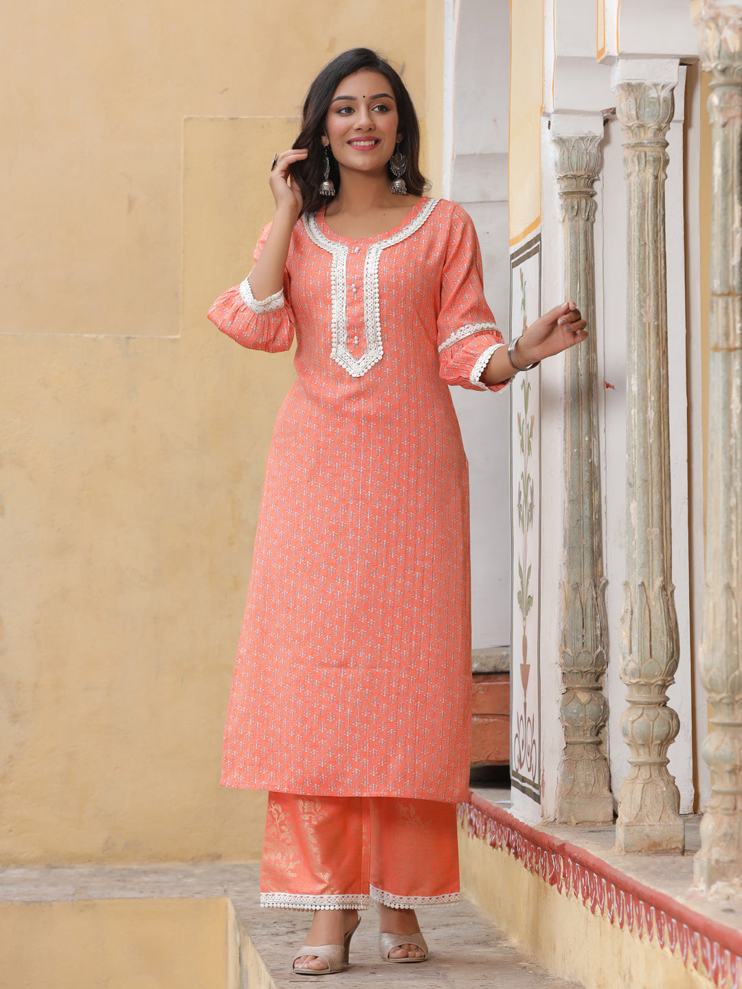 ORANGE & PINK - PARTY WEAR GOWN WITH NECK EMBROIDERY & DUPATTA