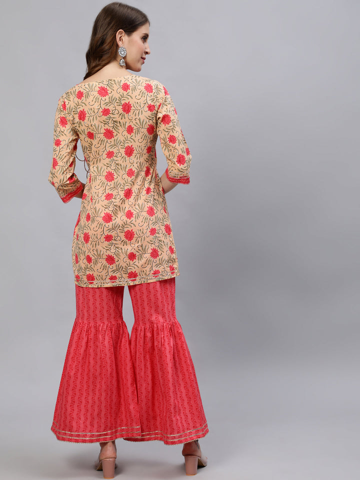 A-Line Short Printed Angrakha Pattern Embellished Kurti With Printed Cotton Sharara