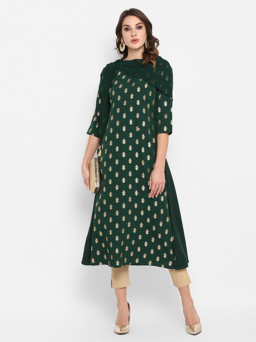 dark green poly crepe kurta with attached scarf jne3383-1
