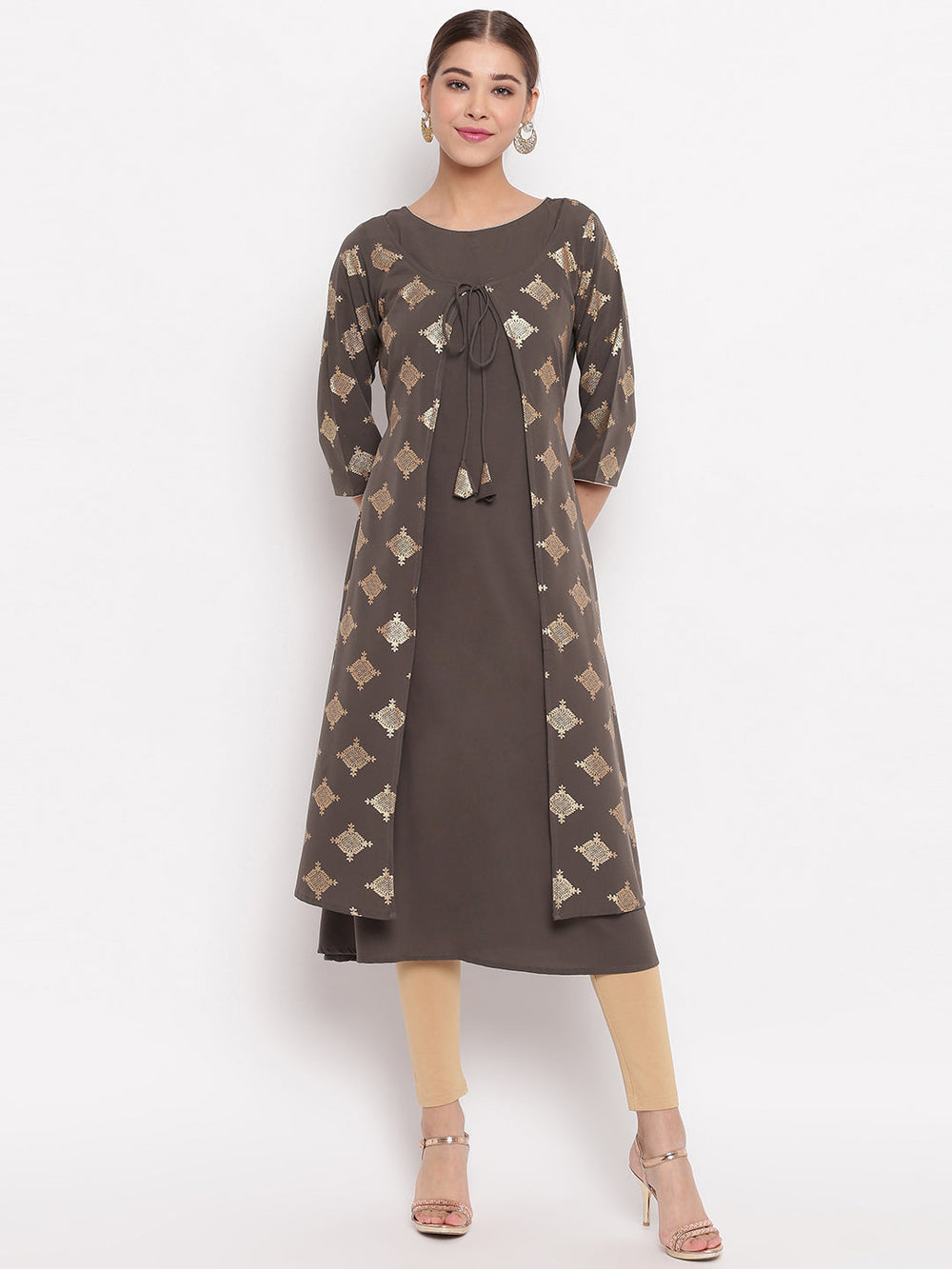 olive green poly crepe kurta with attached jacket jne3483-2