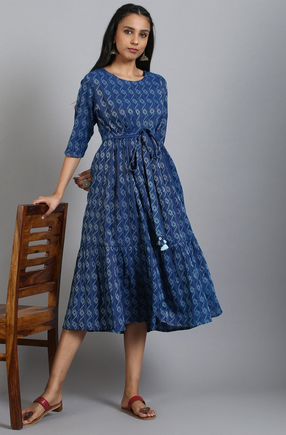 blue cotton western dress jne3710-1