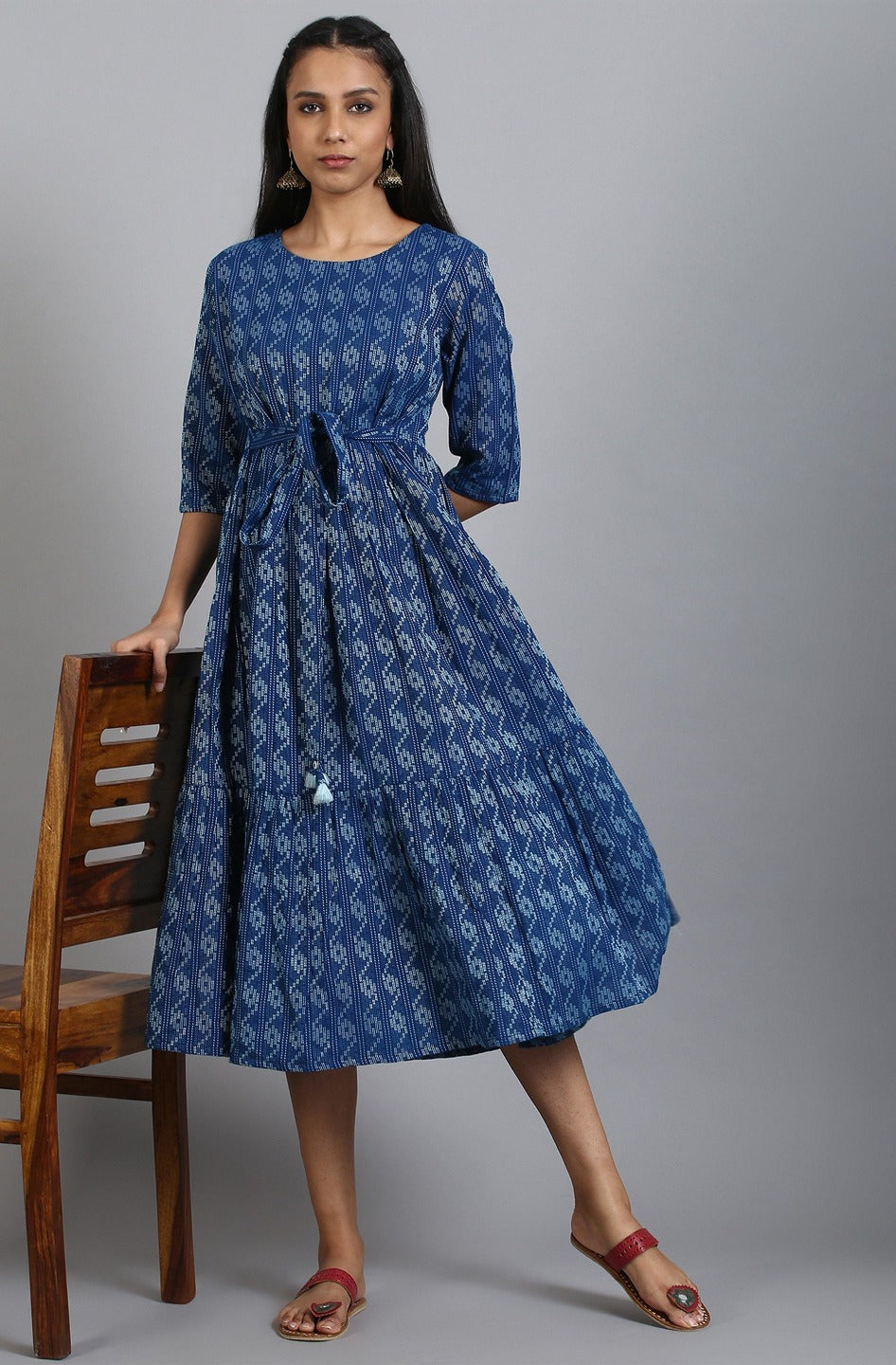 blue cotton western dress jne3710-2