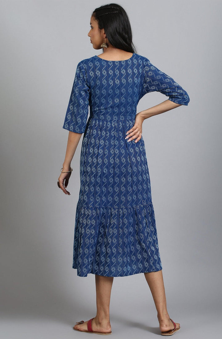blue cotton western dress jne3710-4