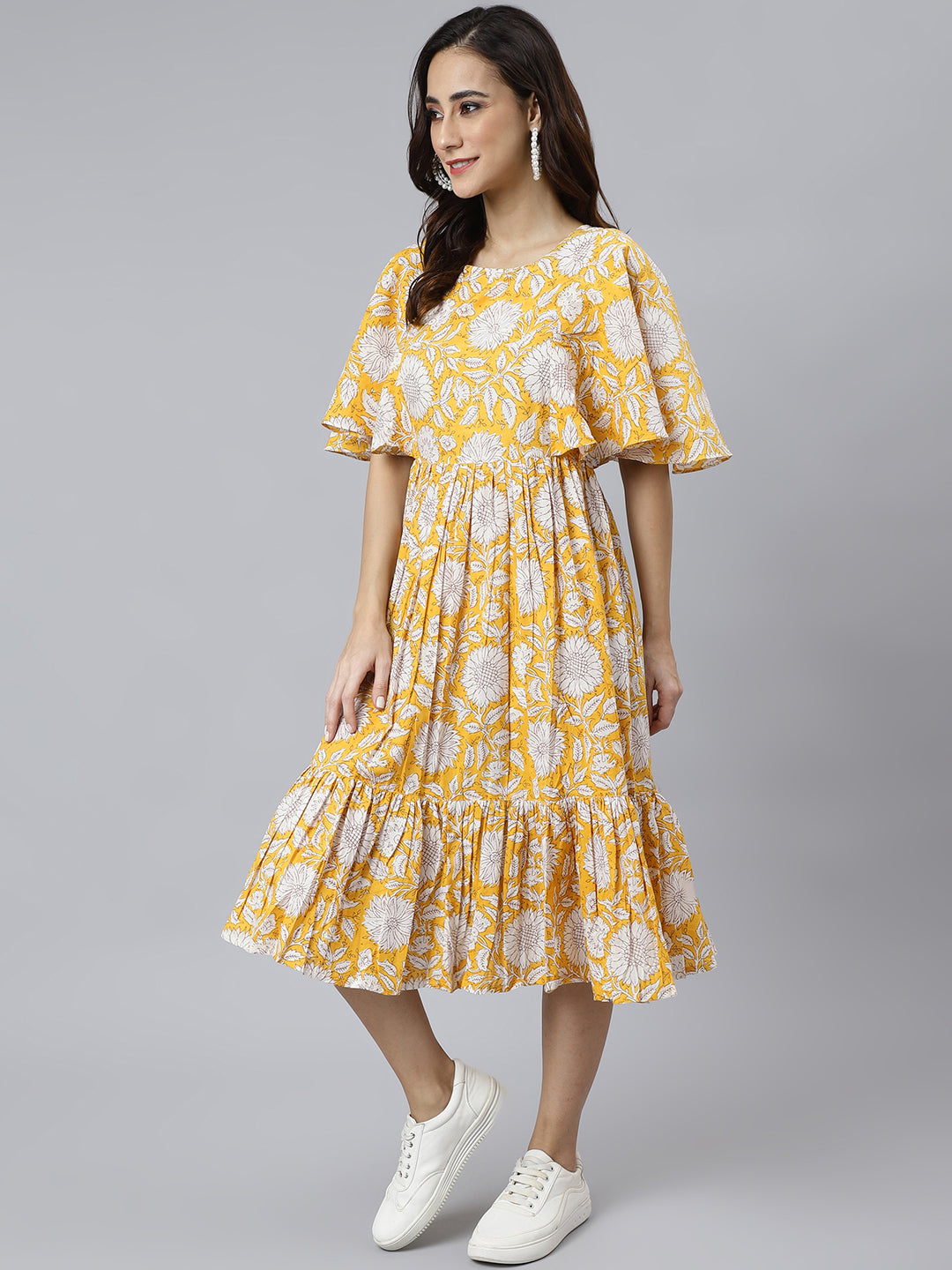 Yellow Cotton Floral Print Flared Western Dress