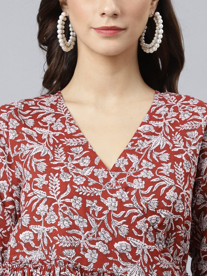 Maroon Cotton Floral Print Angrakha Western Dress
