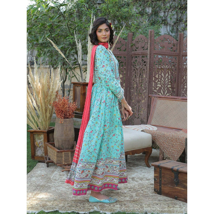Juniper Aqua Cambric Floral Print Anarkali Dress & Dupatta Set With Rubber-Band (Set Of 3)