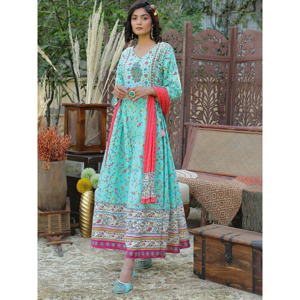 Juniper Aqua Cambric Floral Print Anarkali Dress & Dupatta Set With Rubber-Band (Set Of 3)
