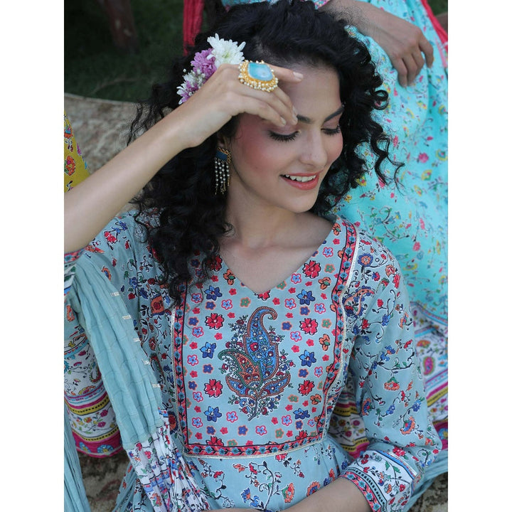 Juniper Grey Cambric Floral Print Anarkali Dress & Dupatta Set With Rubber-Band (Set Of 3)