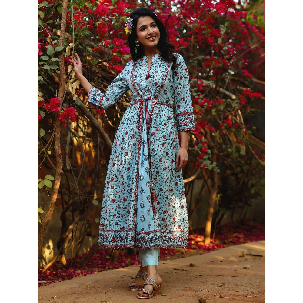 Juniper Blue Cambric Floral Print Panelled Kurta With Mask (Set Of 2)