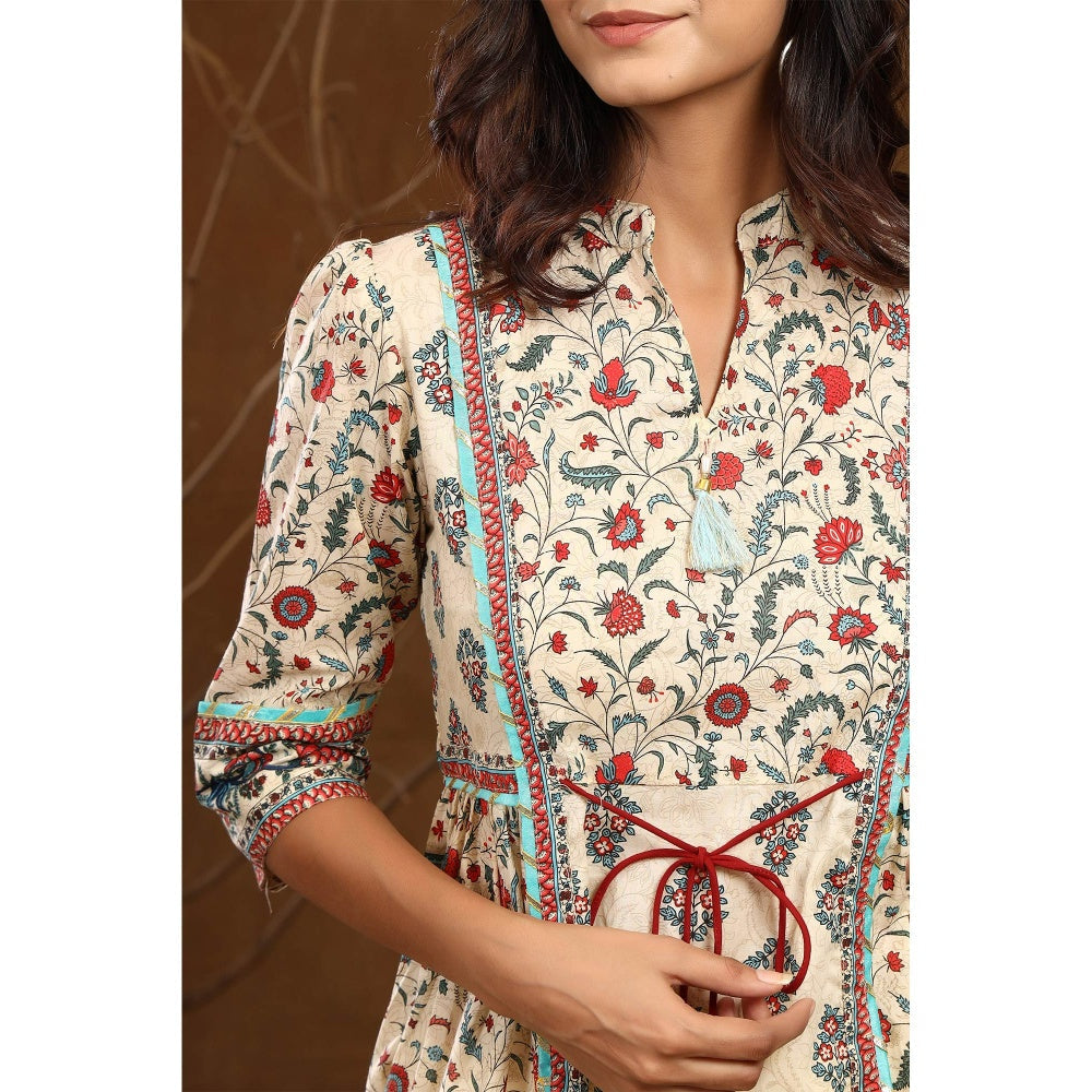 Juniper Beige Cambric Floral Print Panelled Kurta With Mask (Set Of 2)