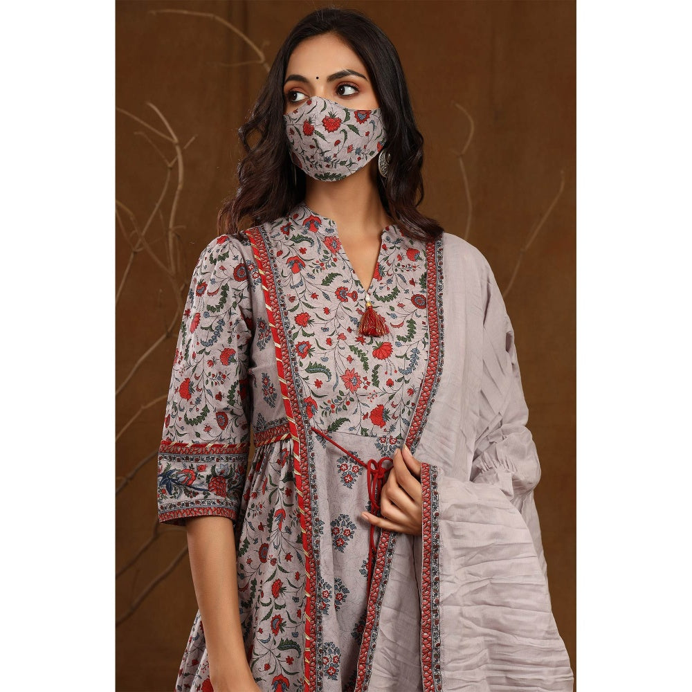 Juniper Grey Cambric & Cotton Flex Printed Flared Kurta Pant Dupatta With Mask (Set Of 4)