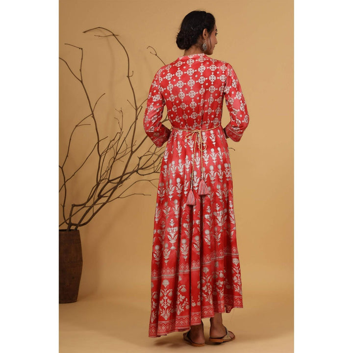 Juniper Peach Rayon Printed Flared Dress With Waist Tie-Up