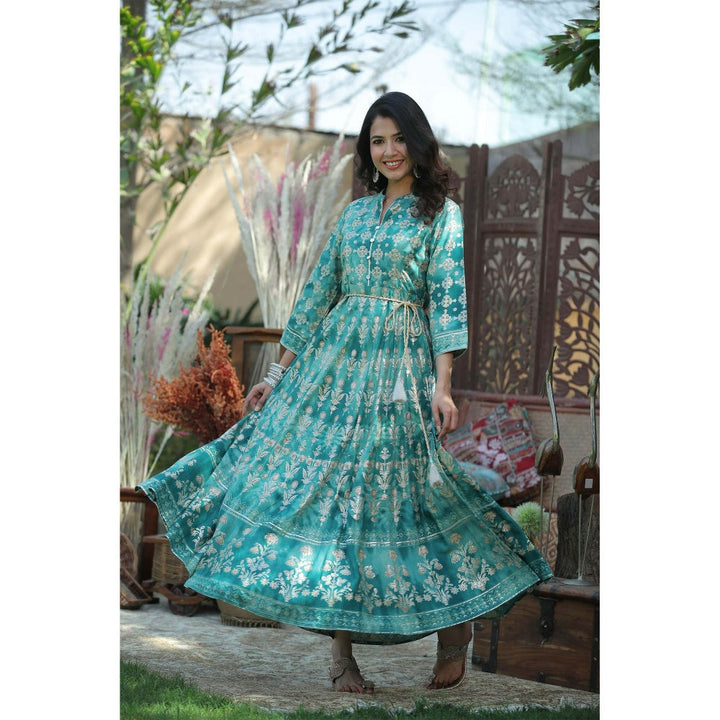 Juniper Teal Rayon Printed Flared Dress With Waist Tie-Up