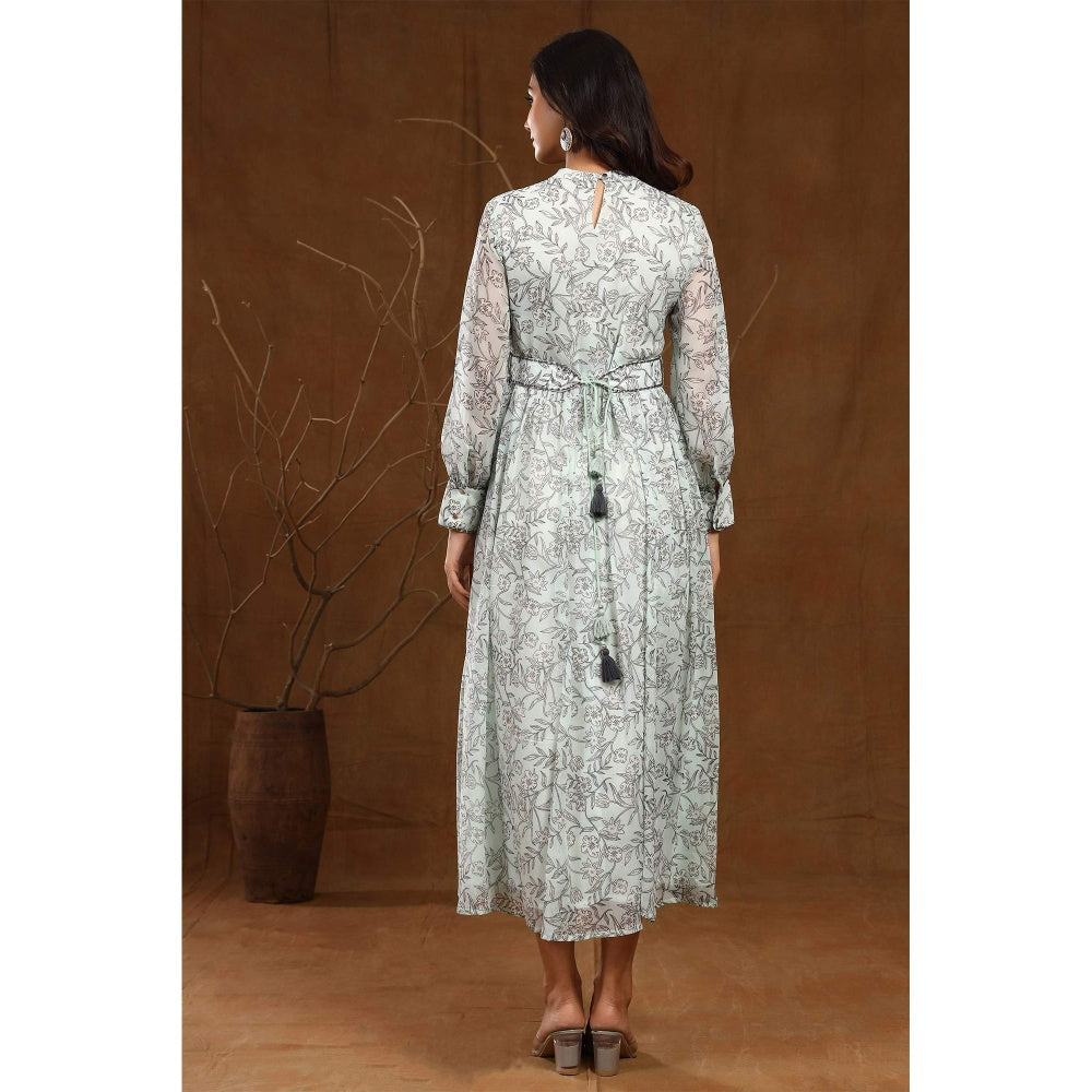Juniper Sagegreen Alphin Chiffon Flared Printed Dress With Tie-Up Belt