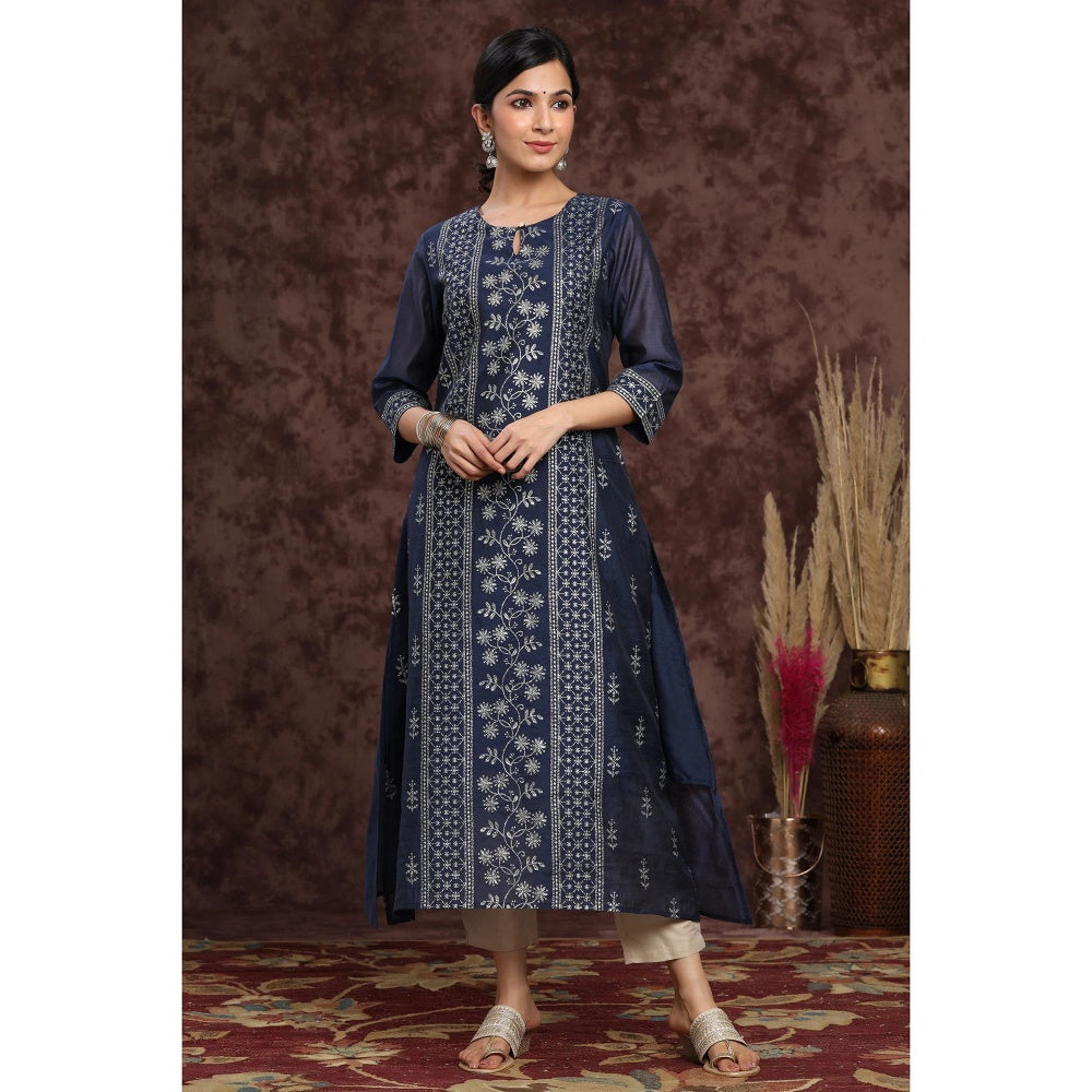 Juniper Indigo Modal Chanderi Printed Straight Kurta