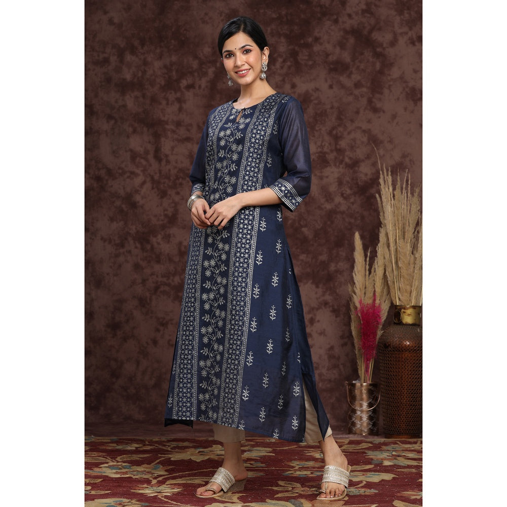 Juniper Indigo Modal Chanderi Printed Straight Kurta