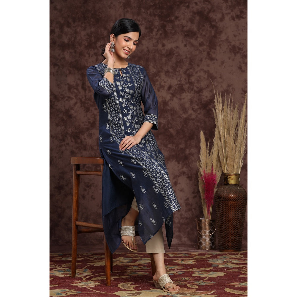 Juniper Indigo Modal Chanderi Printed Straight Kurta