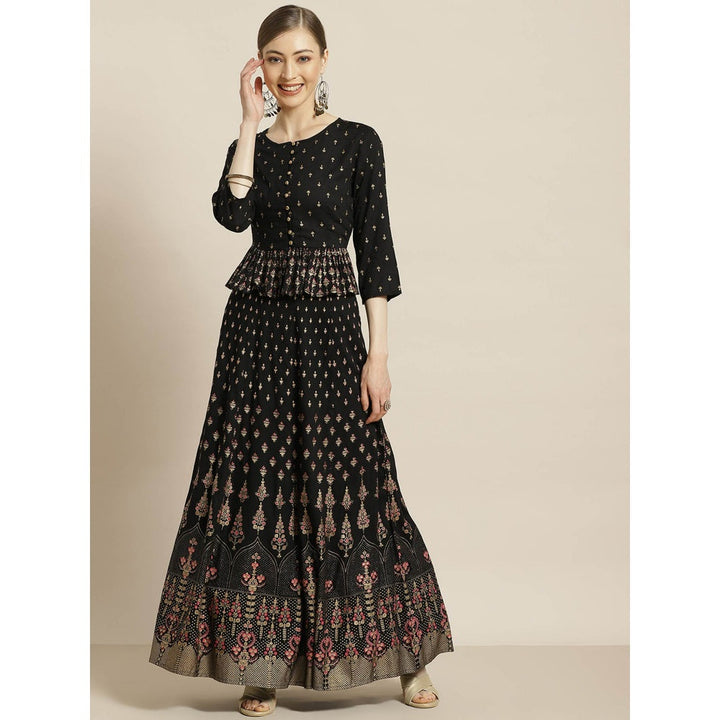 Juniper Black Rayon & Cambric Printed Peplum Lehenga Choli (Set Of 2)