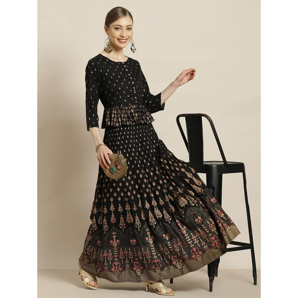 Juniper Black Rayon & Cambric Printed Peplum Lehenga Choli (Set Of 2)