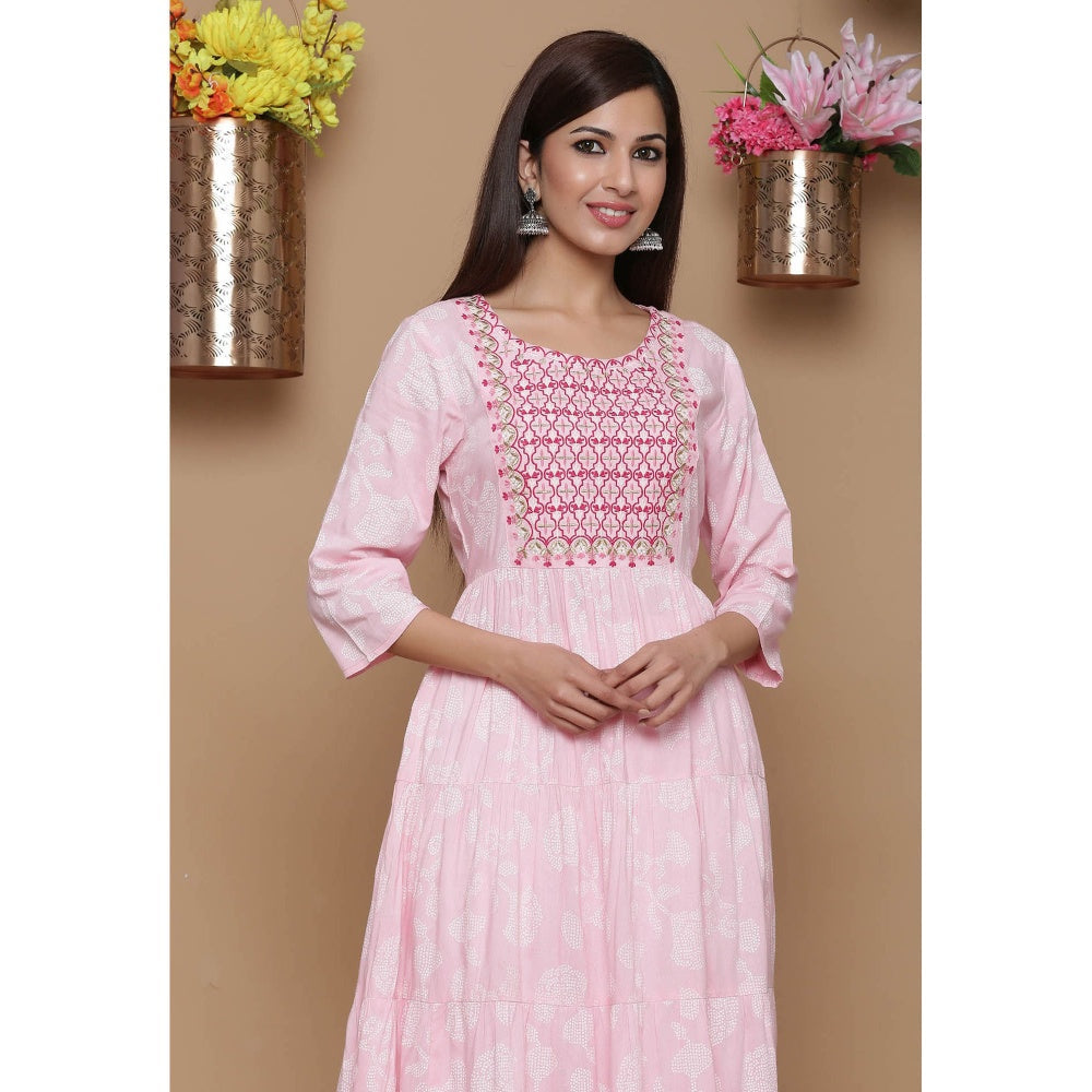 Juniper Baby Pink Rayon Embroidered Tiered Ethnic Dress