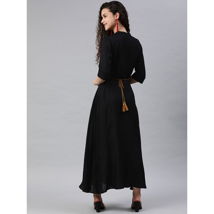 Juniper Black Rayon Embellished Kurta Dress With Belt (Set Of 2)