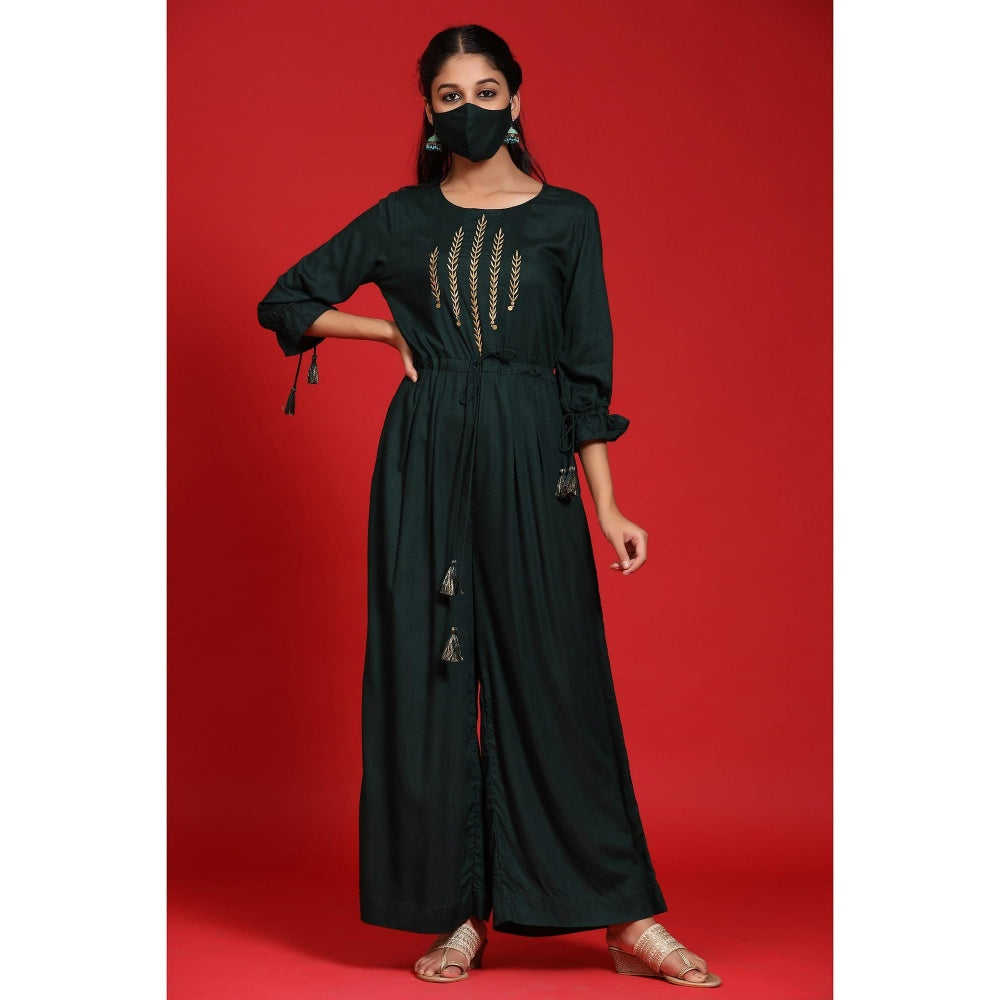 Juniper Green Embroidered Jumpsuit With Mask (Set Of 2)