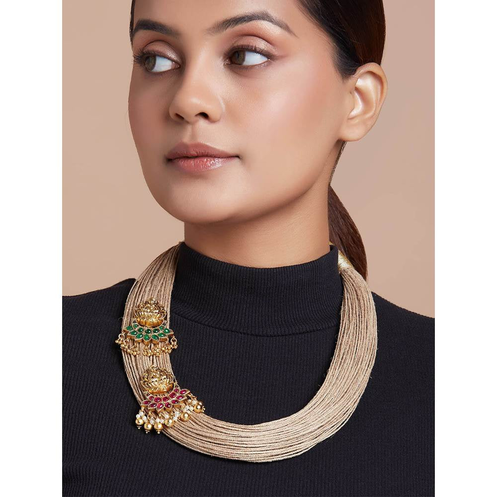 Joules By Radhika Beige Necklace With Temple Laksmi Pendant