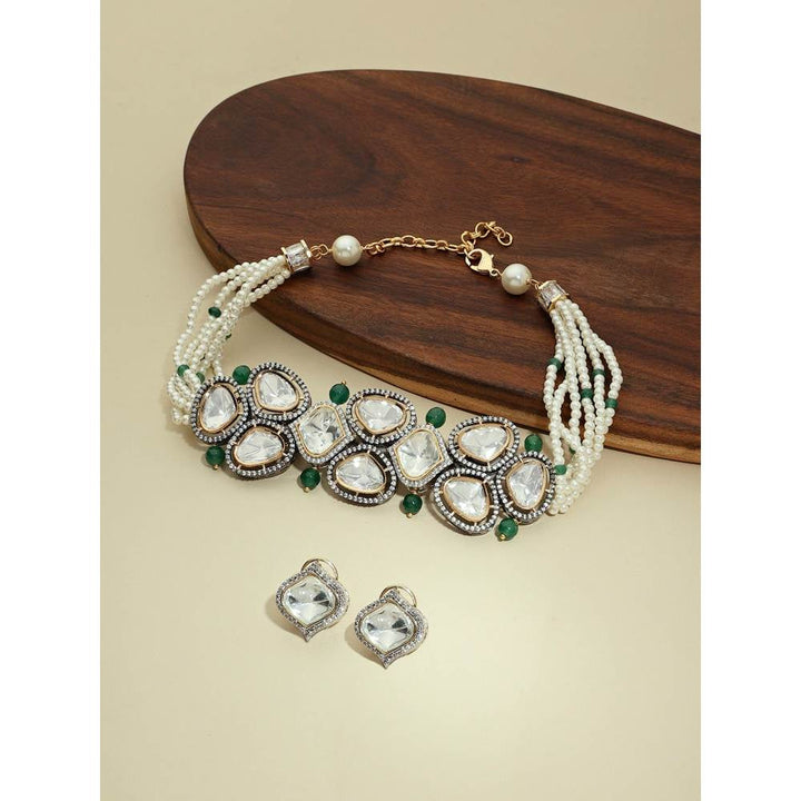 Joules By Radhika Green and White Antique Polki Necklace Set