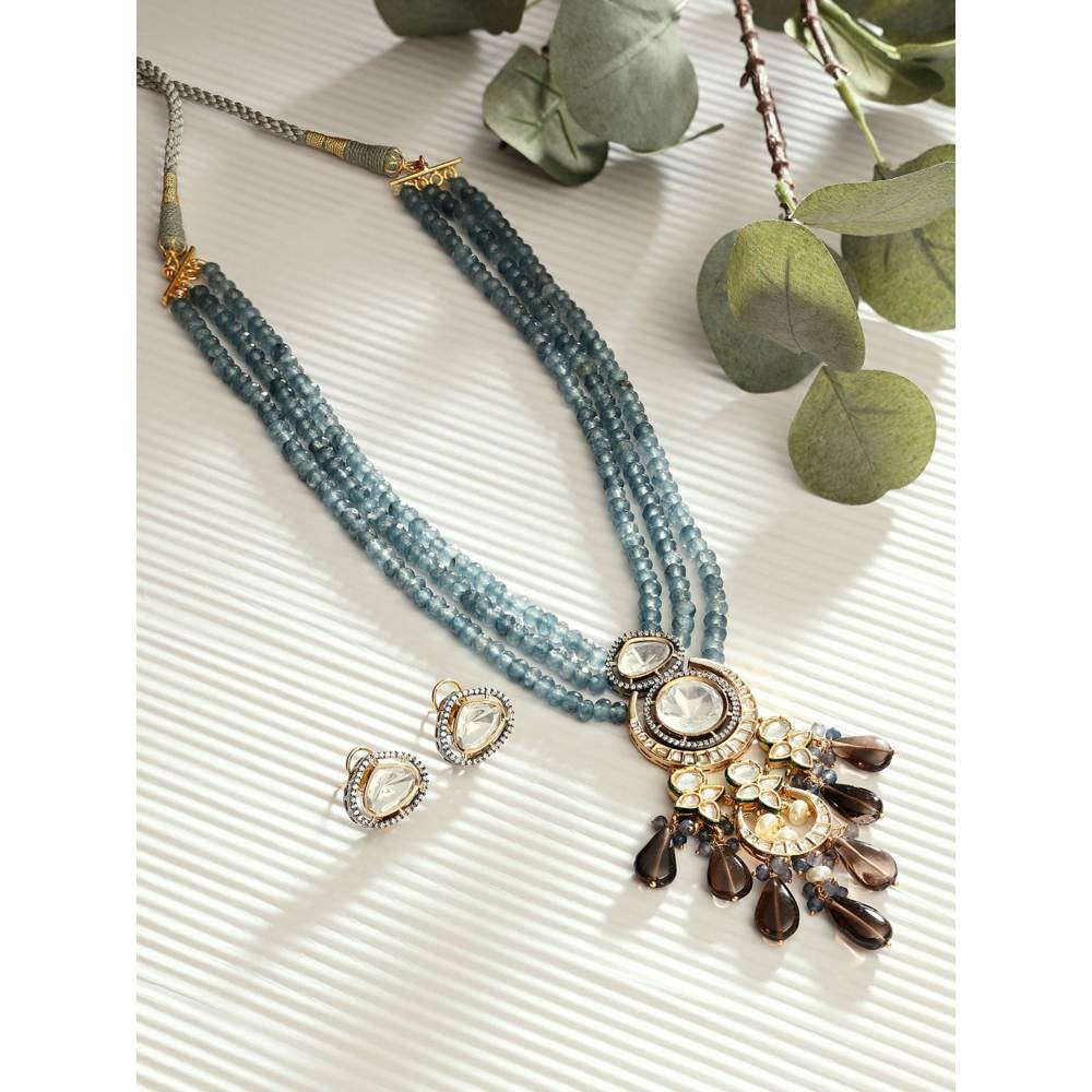 Joules By Radhika Blue and Smoky Antique Gold Necklace Set