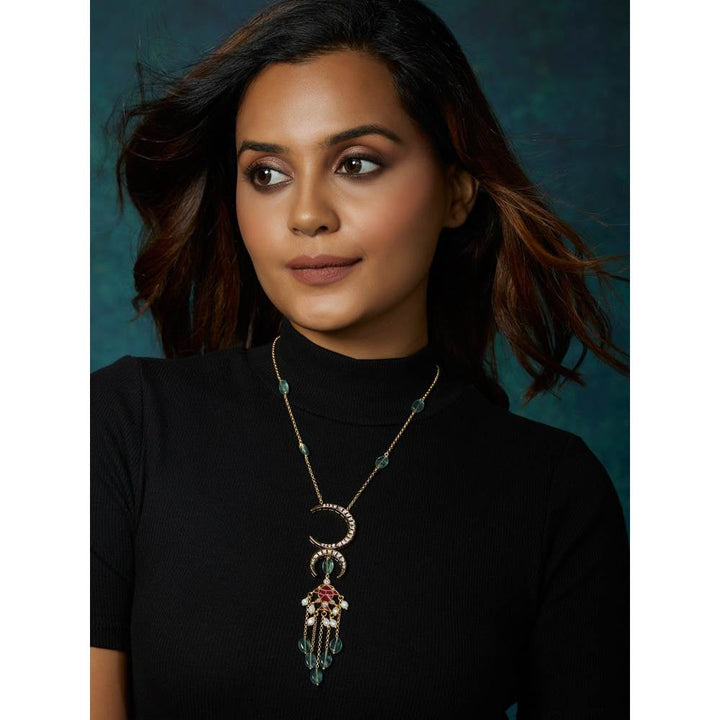 Joules By Radhika Kundan Polki Red and Green Long Necklace