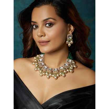 Joules By Radhika Gold Tone Kundan Polki Beige Necklace Set