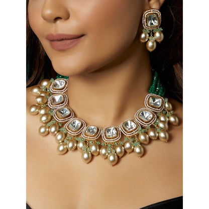 Joules By Radhika Gold Tone Kundan Polki Beige Necklace Set