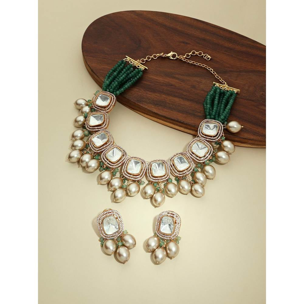 Joules By Radhika Gold Tone Kundan Polki Beige Necklace Set