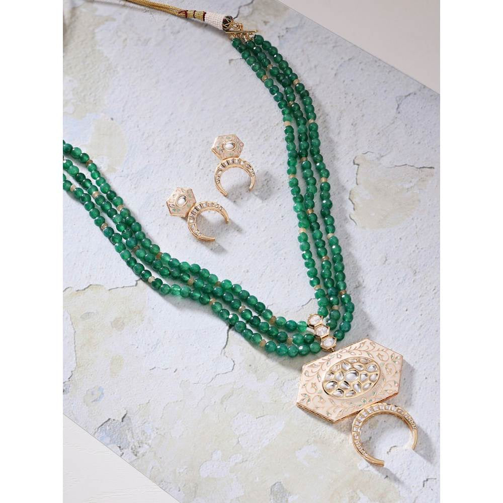 Joules By Radhika Green Necklace Set With Enamelled Kundan Polki