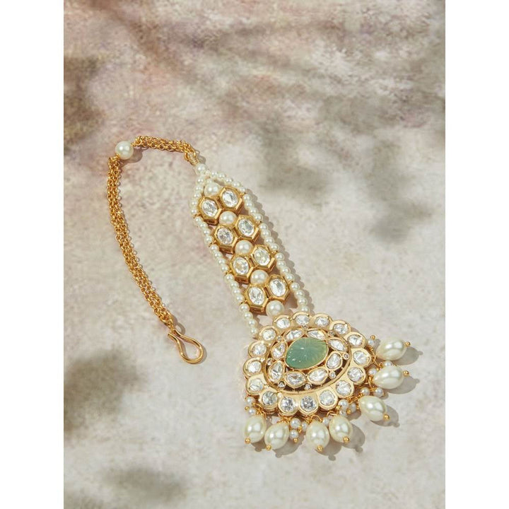 Joules By Radhika Gold Tone Green & White Maang Tikka