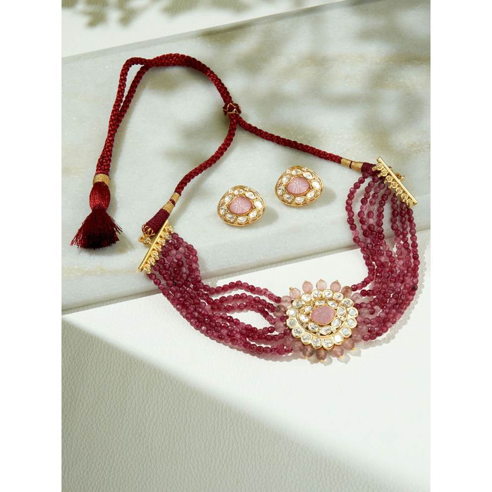 Joules By Radhika Red & Golden Polki Necklace Set