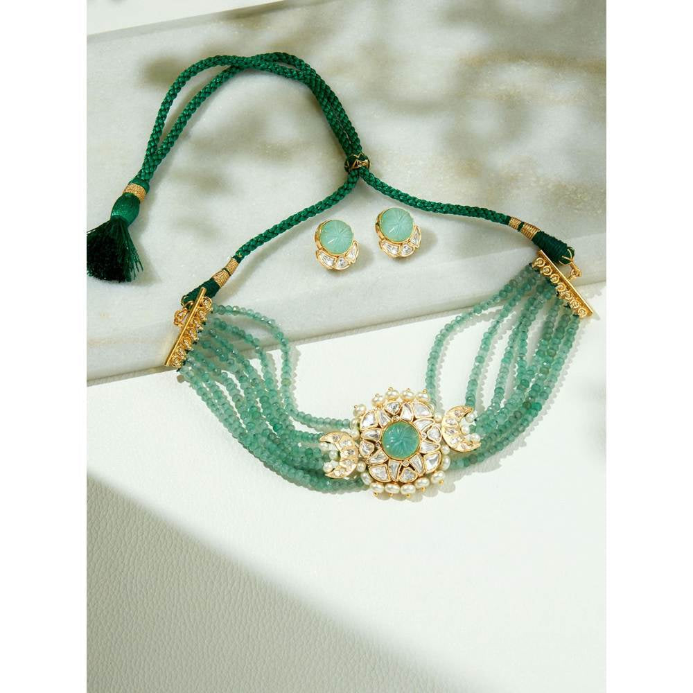 Joules By Radhika Green & Golden Polki Necklace Set