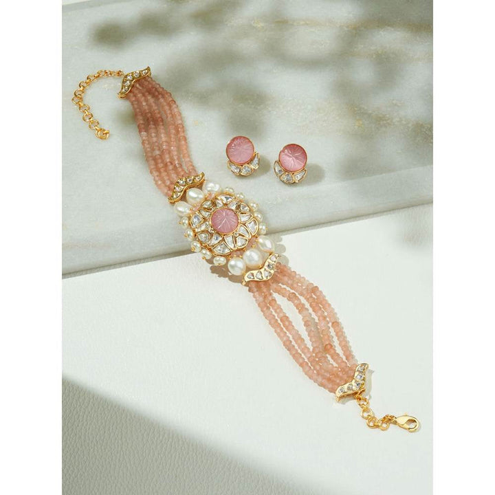 Joules By Radhika Vibrant Peach Beaded Polki Necklace Set