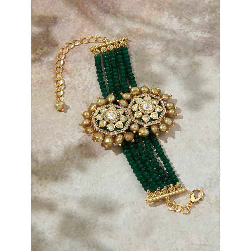 Joules By Radhika Alluring Green & Golden Polki Bracelet