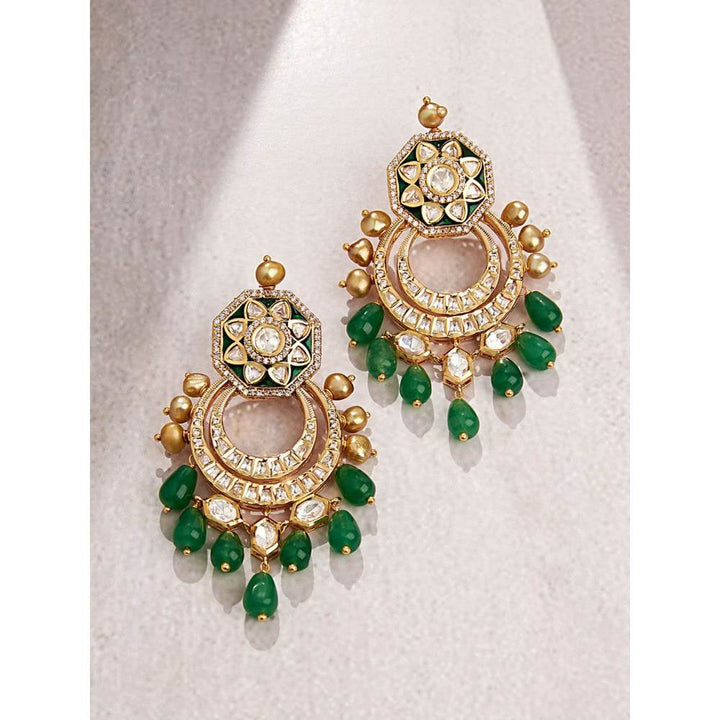 Joules By Radhika Classic Green & Golden Polki Earrings