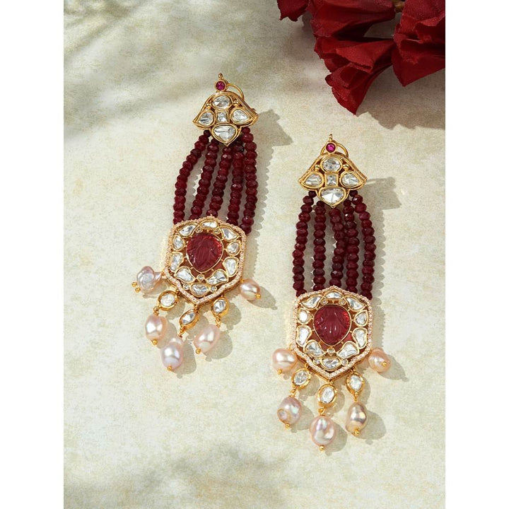 Joules By Radhika Deep Red & Golden Chandelier Earring