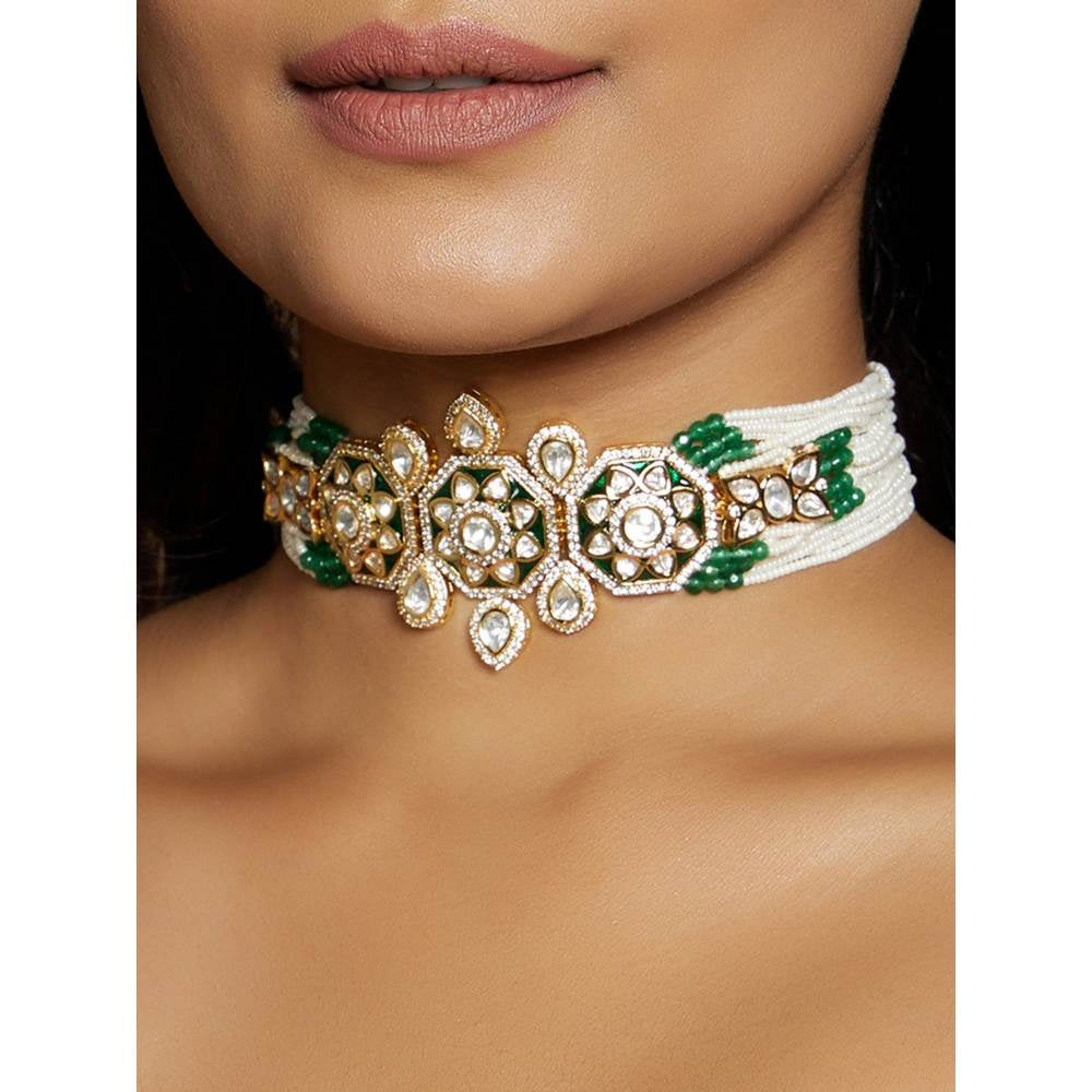 Joules By Radhika White & Green Shaded Polki Choker