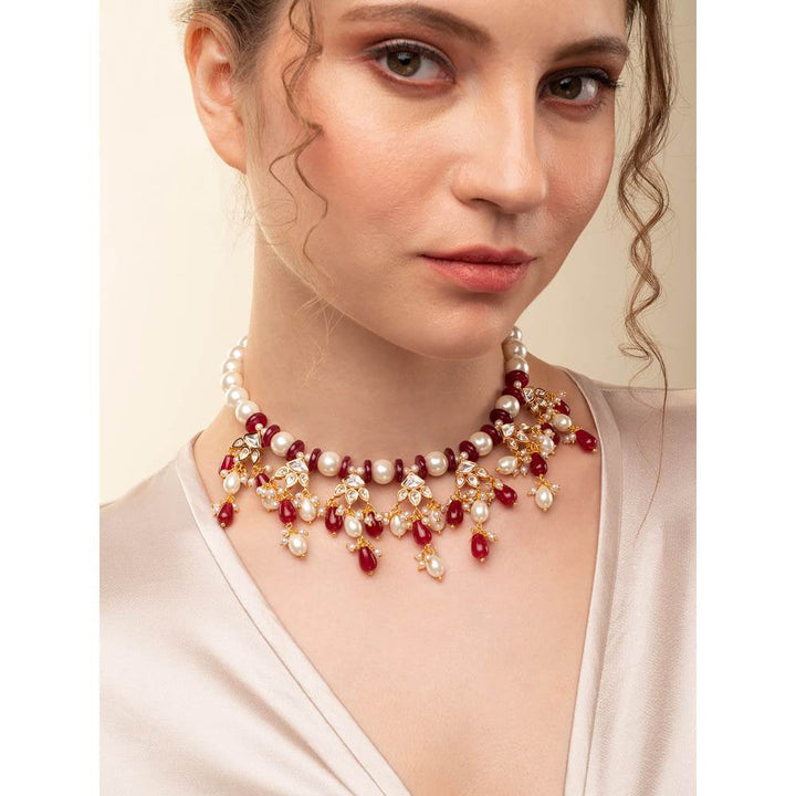 Joules By Radhika Pearl Necklace with Red Agate