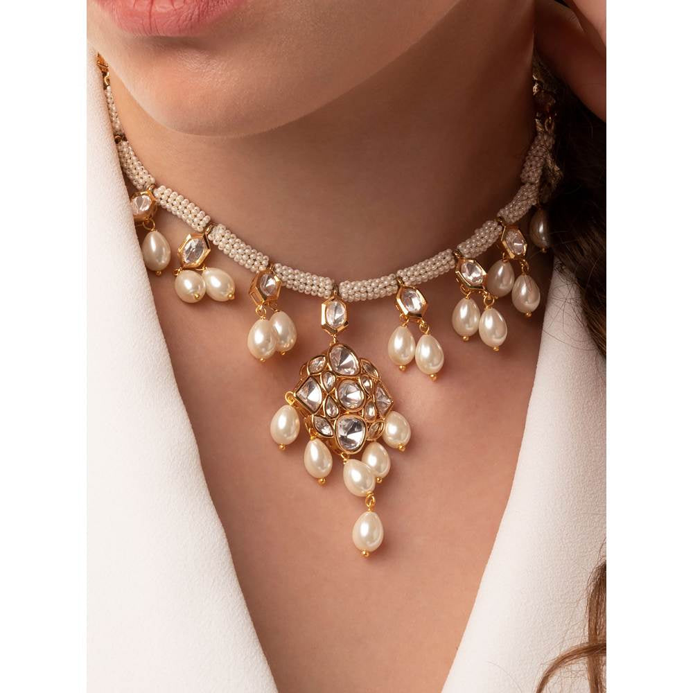 Joules By Radhika Pearl Necklace with Kundan Polki