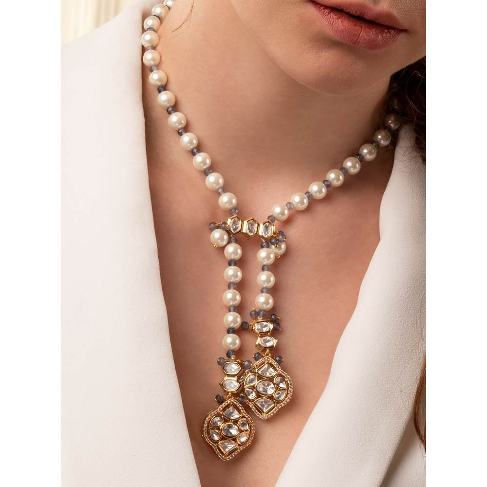 Joules By Radhika White Pearl Long Necklace with Polki