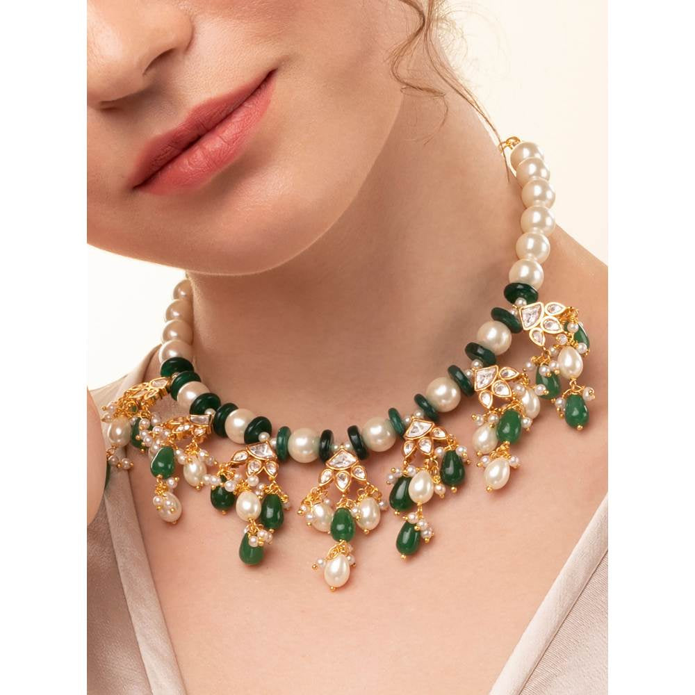 Joules By Radhika White & Green Necklace with Kundan Polki