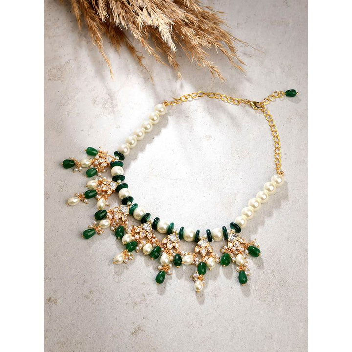 Joules By Radhika White & Green Necklace with Kundan Polki