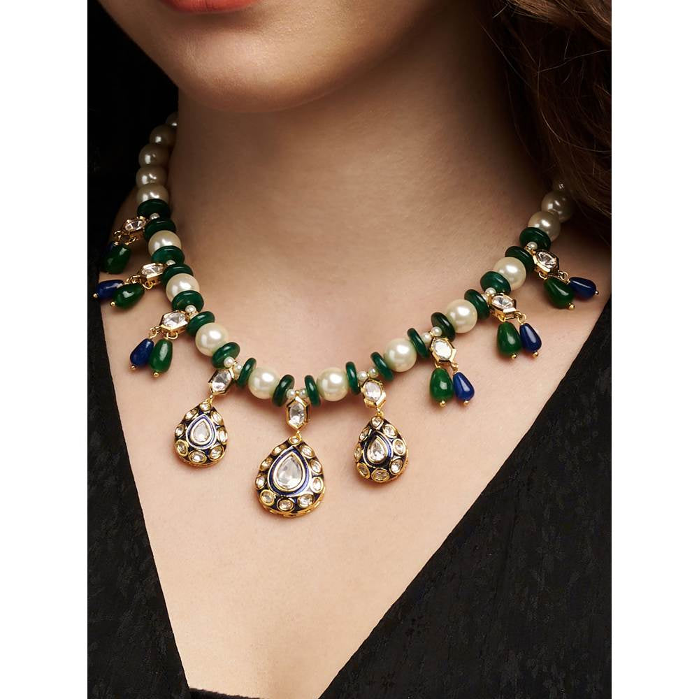 Joules By Radhika White & Green Necklace with Rich Enamelled Work