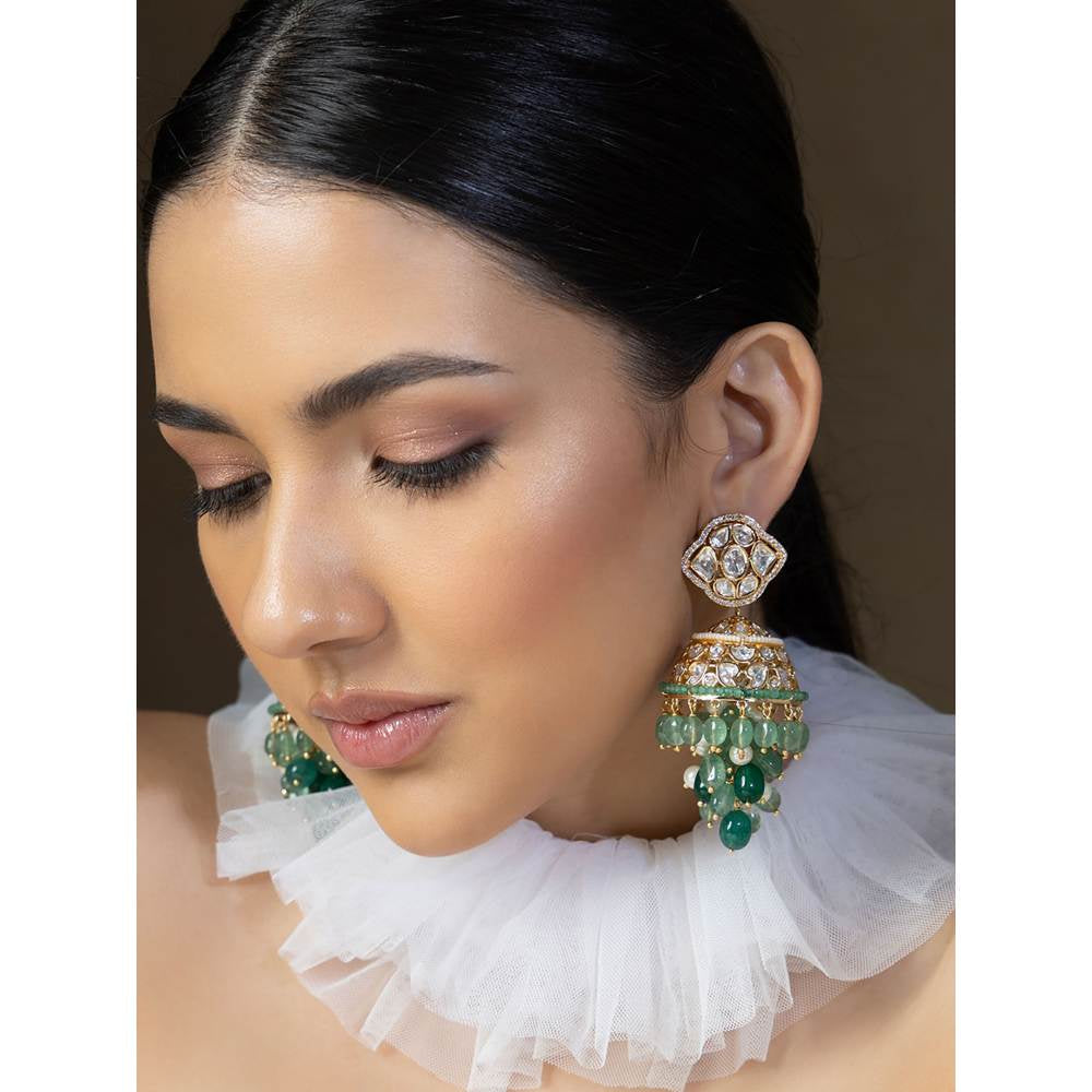 Joules By Radhika Polki and Green Beads Jhumka Earrings